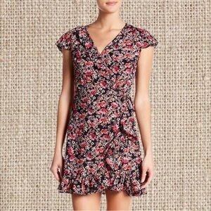 Pink ruffle, wraparound dress with floral print